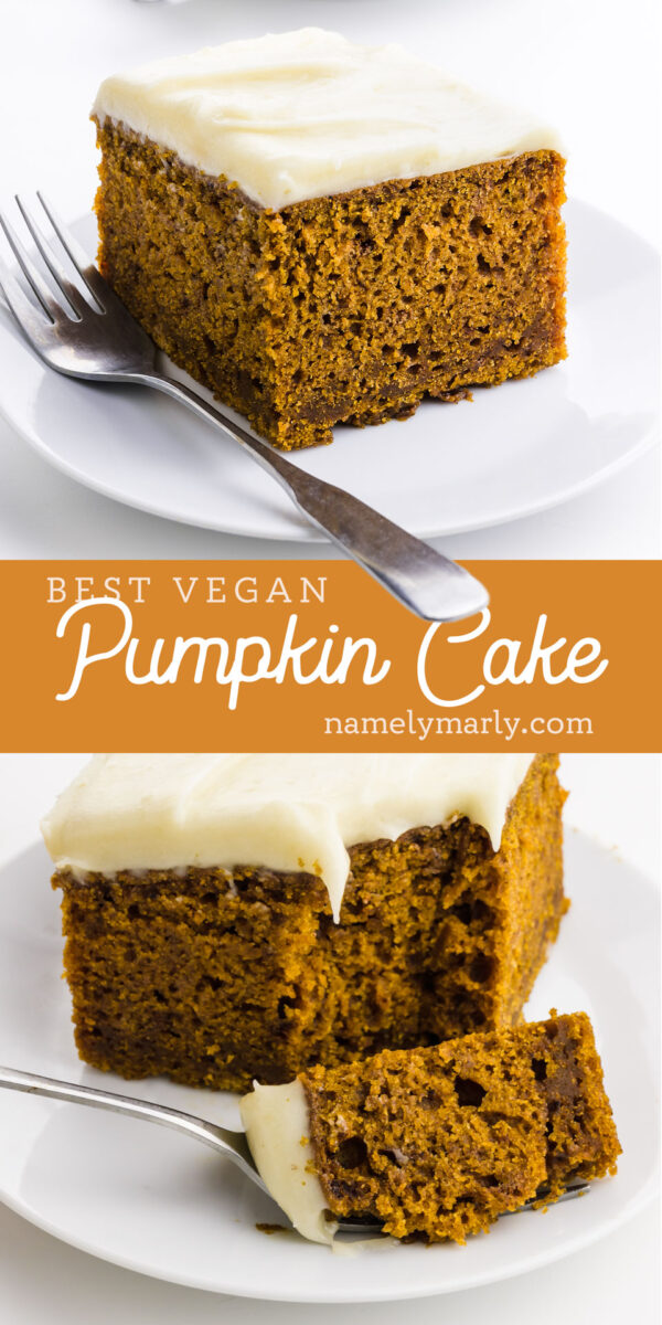 Vegan pumpkin cake square with cream cheese frosting on a plate, fork resting beside it, and a bite on the fork.