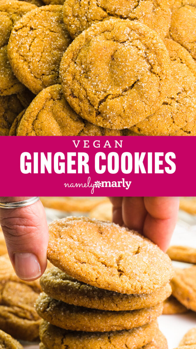 an overhead view of a stack of cookies at the top, with an image of a hand grabbing a cookie from a stack below. in the middle is text that reads vegan ginger cookies.