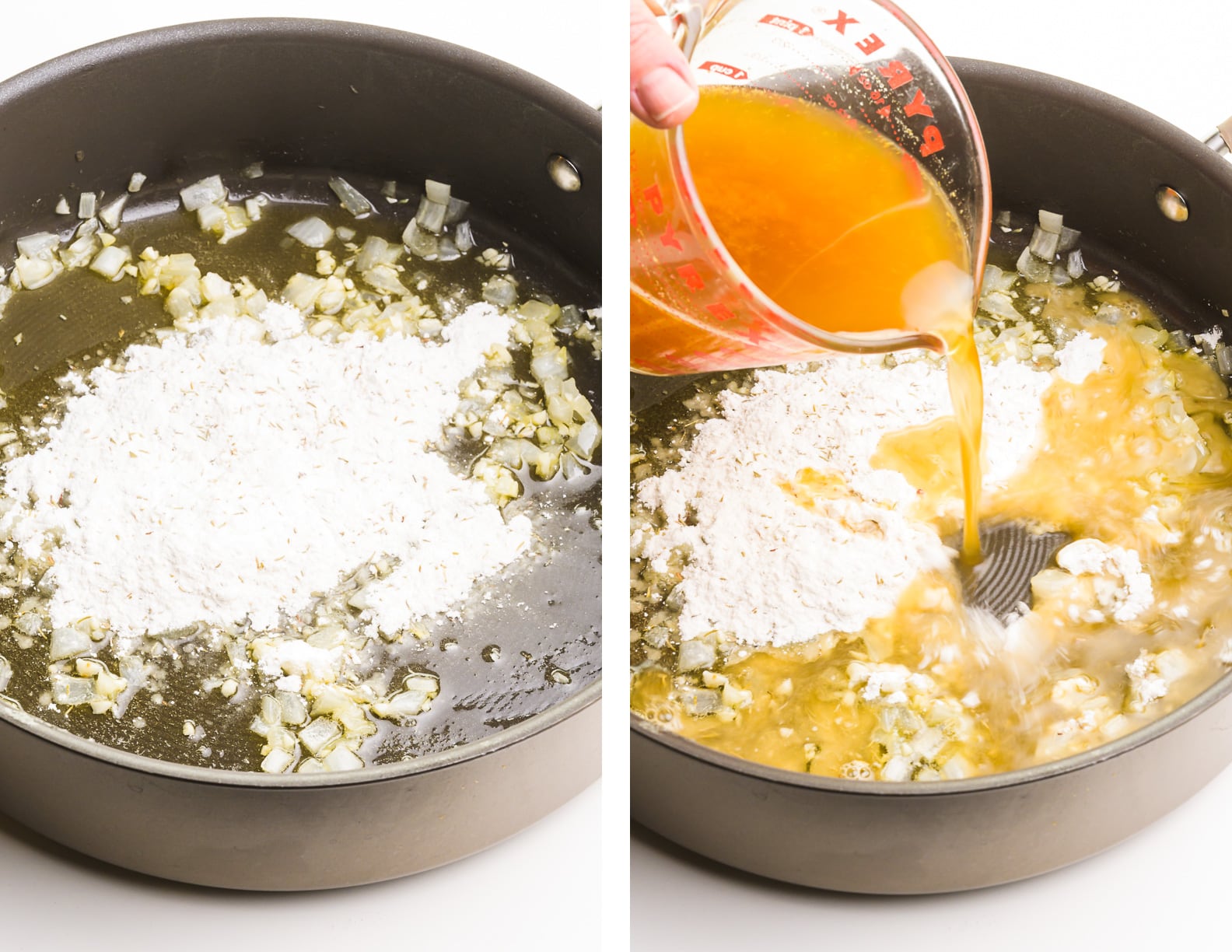 A collage of photos shows flour in a skillet with oil and cooked onions on the left. Broth is being poured into that mixture on the right.