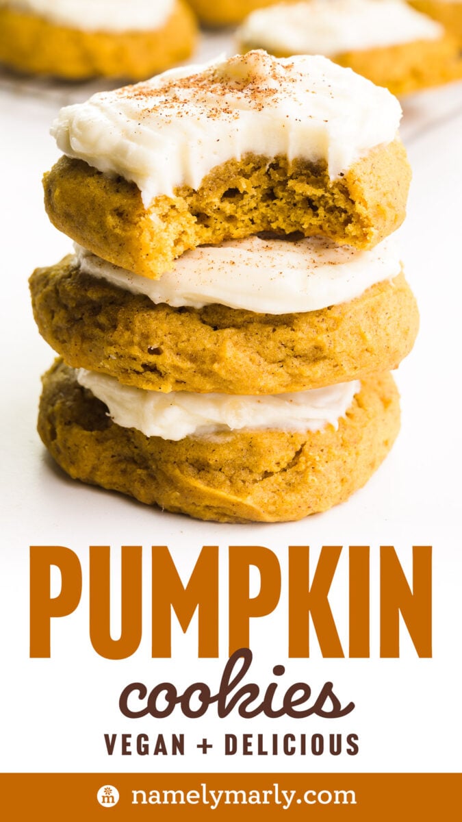 a stack of iced vegan pumpkin cookies with the text pumpkin cookies, vegan + delicious