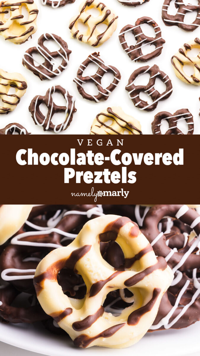 Vegan chocolate-covered pretzels drizzled with white and dark chocolate on a white background.
