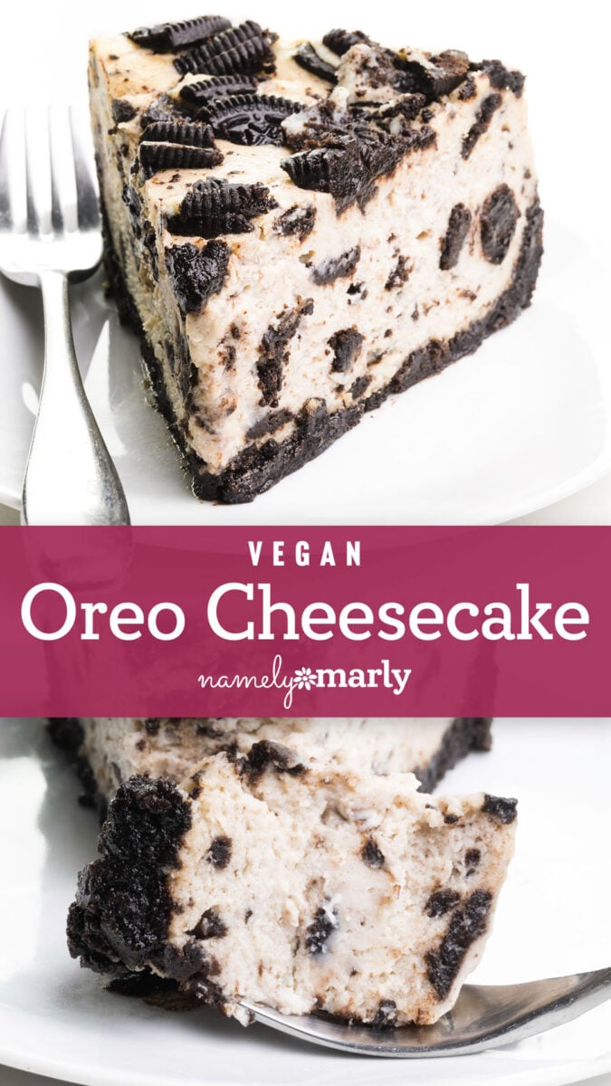 Vegan Oreo cheesecake slice topped with crushed Oreos, served on a white plate with a fork.