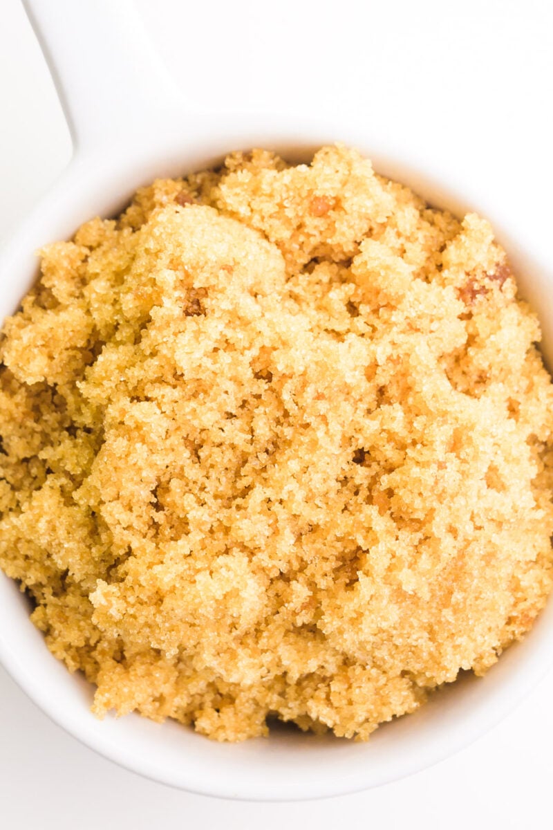 Looking down on a bowl full of homemade brown sugar.