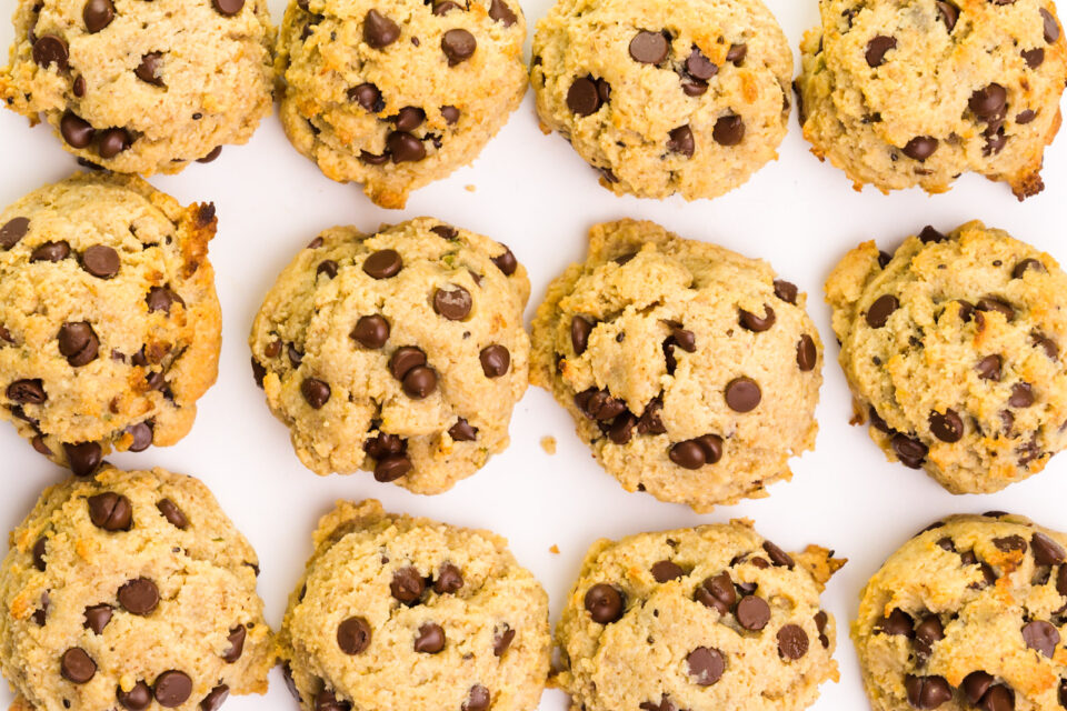 Looking down on three rows of almond flour chocolate chip cookies.