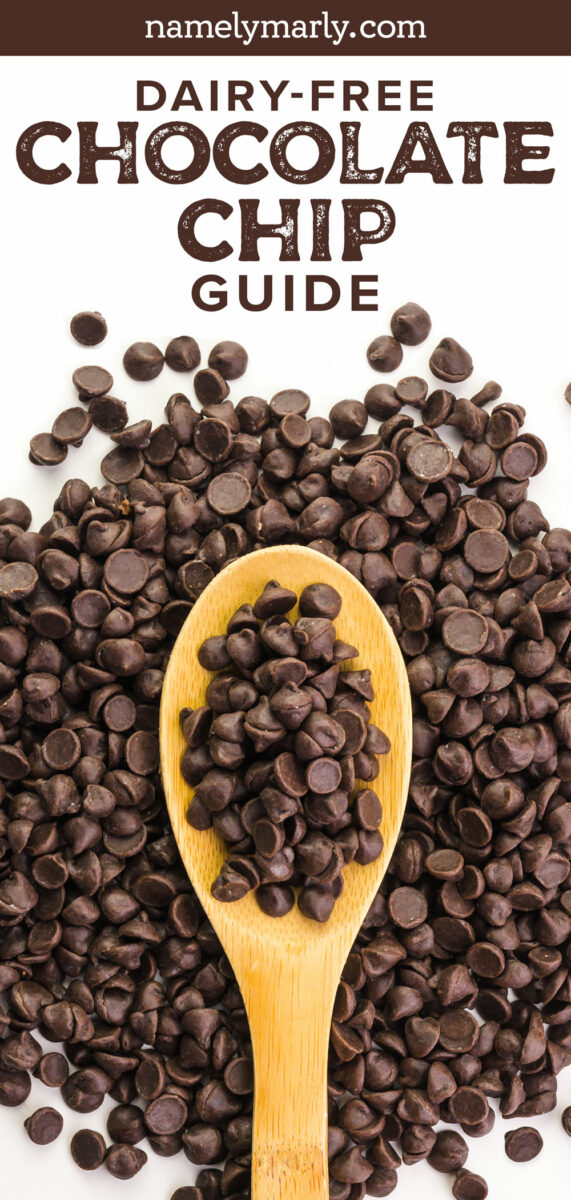 A wooden spoon holds chocolate chips and is surrounded by chocolate chips. The text on the page reads, Dairy-free Chocolate Chip Guide.