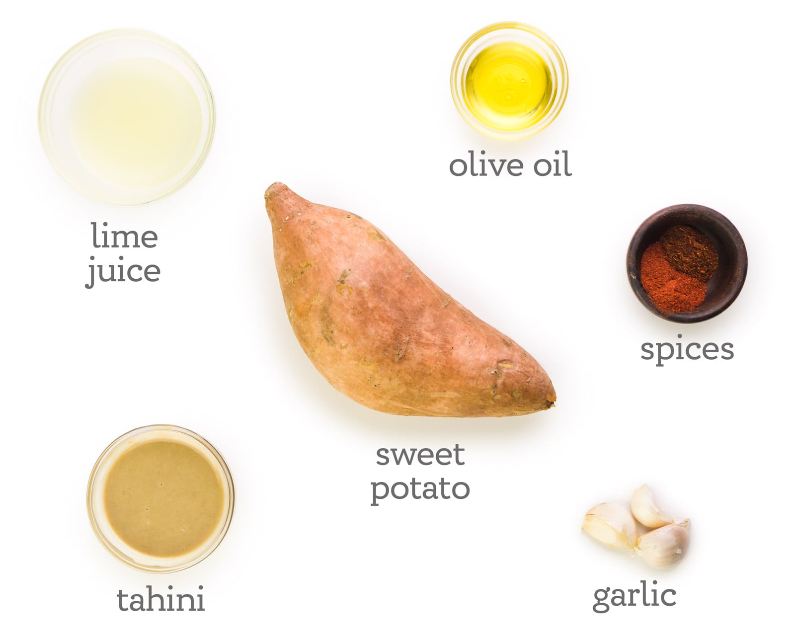 Ingredients are sitting on a white table. The labels next to them read, olive oil, spices, garlic, sweet potato, tahini, and lime juice.