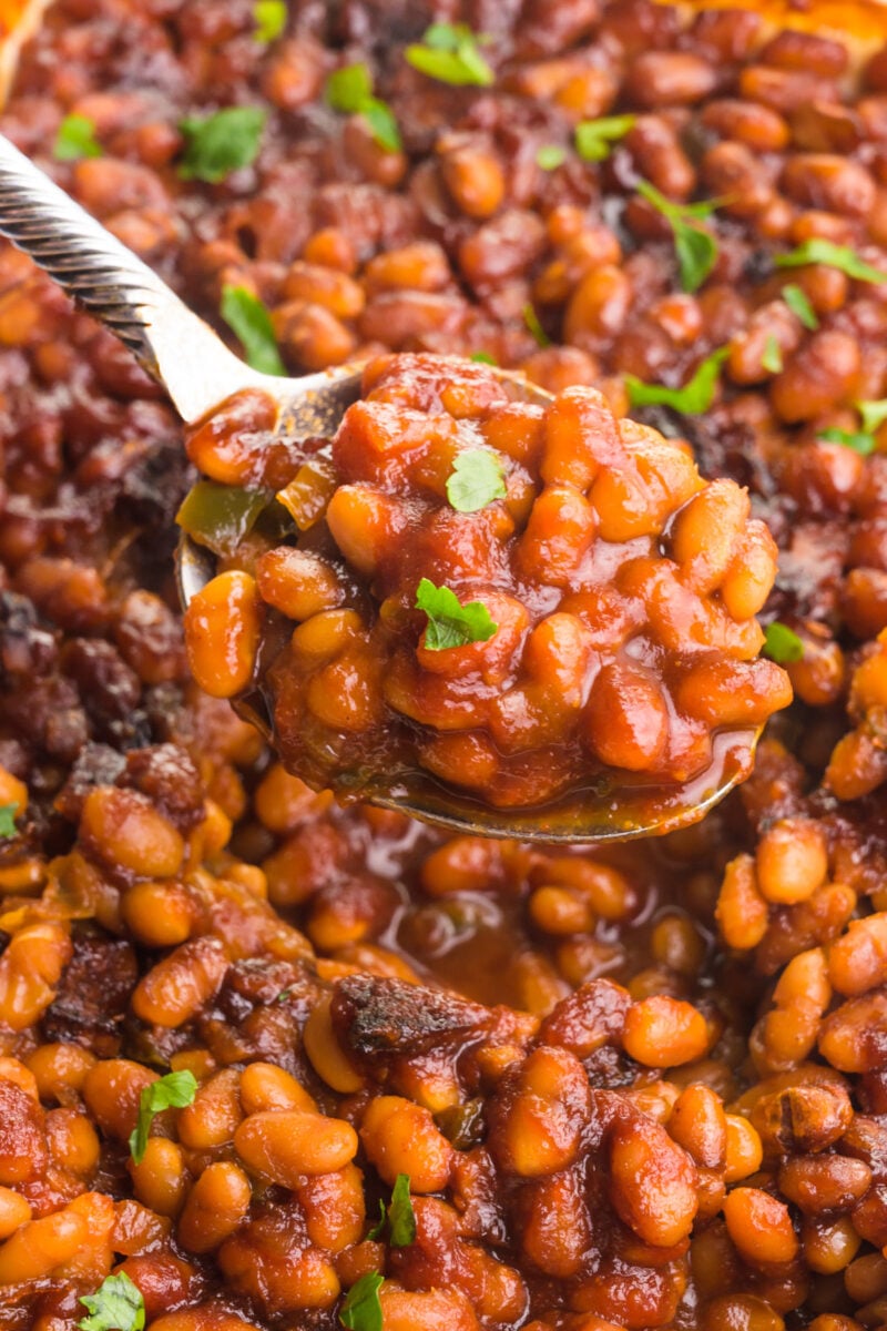 A spoon holds a serving of vegan baked beans hovering over over the rest of the dish full of it.