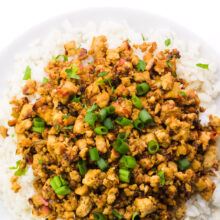 Looking down on a plate of tofu bulgogi over white rice.