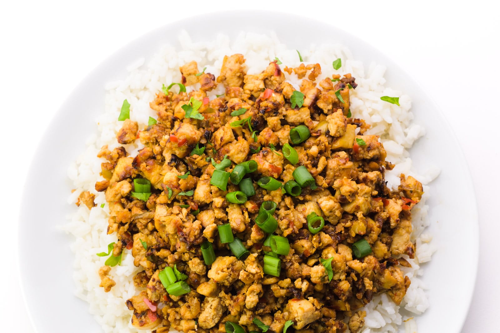 Looking down on a plate of tofu bulgogi over white rice.