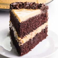 A slice of vegan chocolate peanut butter cake sits on a plate in front of a plate with the rest of the cake.