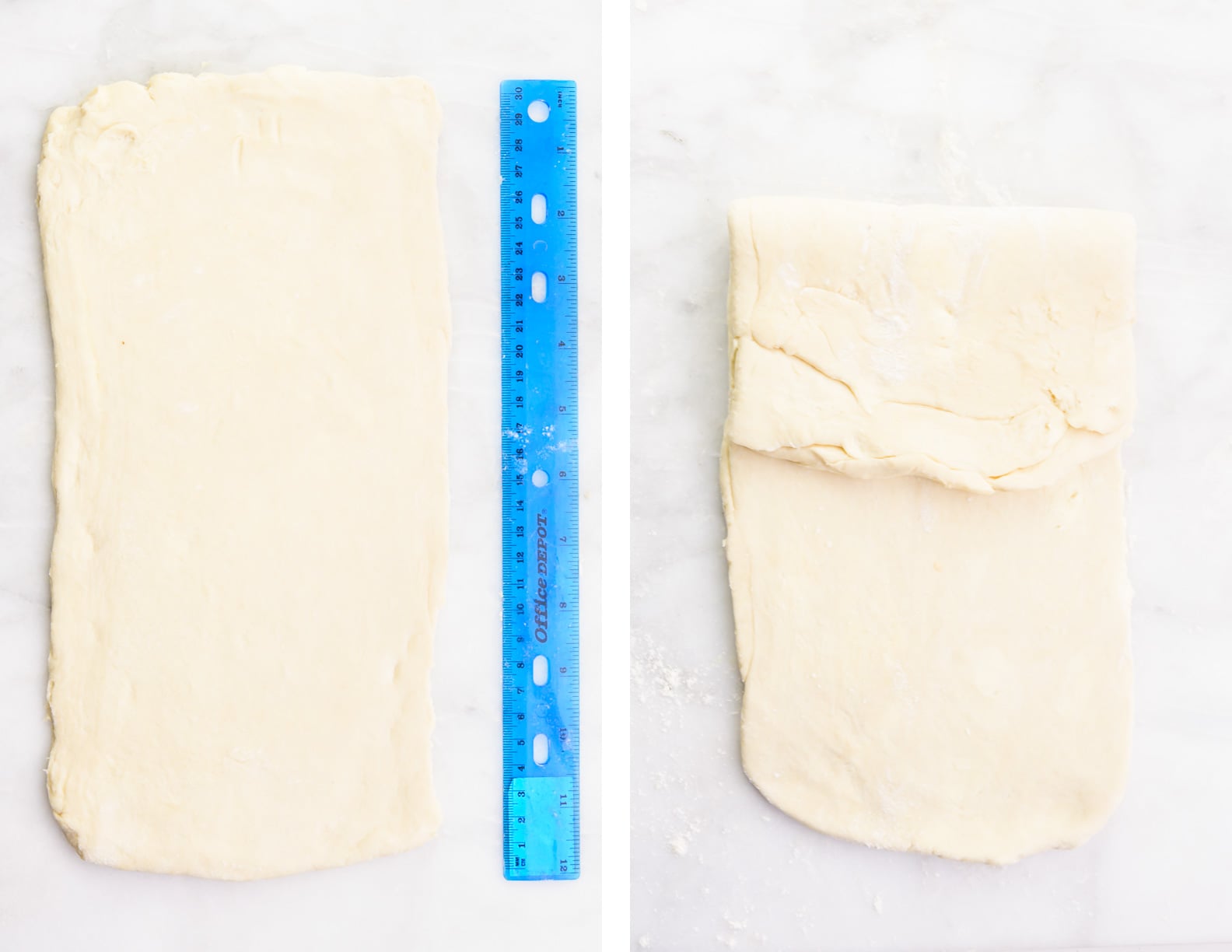 A collage of two images shows pastry dough rolled out alongside a ruler on the left. The image on the right shows the top part of that pastry dough folded over about a third of the way.