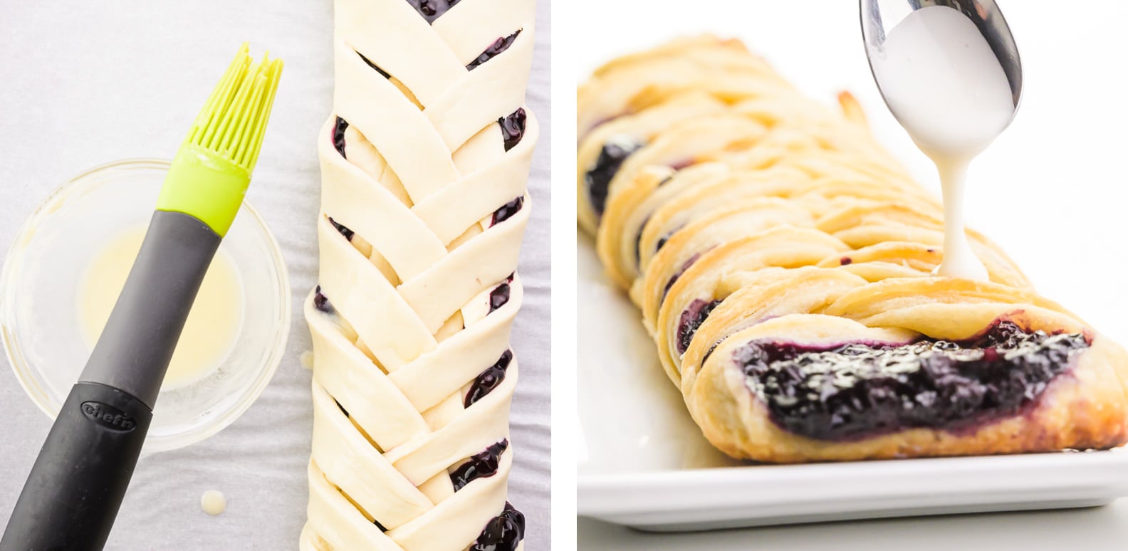 A collage of two images shows an unbaked, beaded pastry sitting beside a bowl with a pastry brush on the left. The image on the right shows a spoon drizzling vanilla glaze over a baked danish.