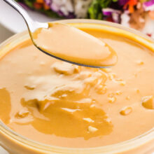 A spoon holds Vega peanut sauce hovering over a bowl of it. There are veggie rolls in the background.