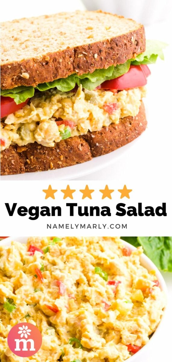 A collage of 2 images shows a sandwich on top with a chickpea spread and veggies. The bottom image shows the chickpea spread in a bowl. The text between the images shows 5 stars and "Vegan Tuna Salad".