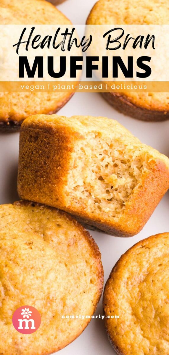 Delicious healthy bran muffins with a golden exterior and soft, moist interior, labeled as vegan and plant-based.