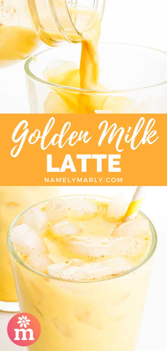 A collage of 2 images shows golden turmeric milk being poured into a glass of ice on the top image. The bottom shows the glass full of golden iced milk with a yellow straw. The text between the images reads, Golden Milk Latte.
