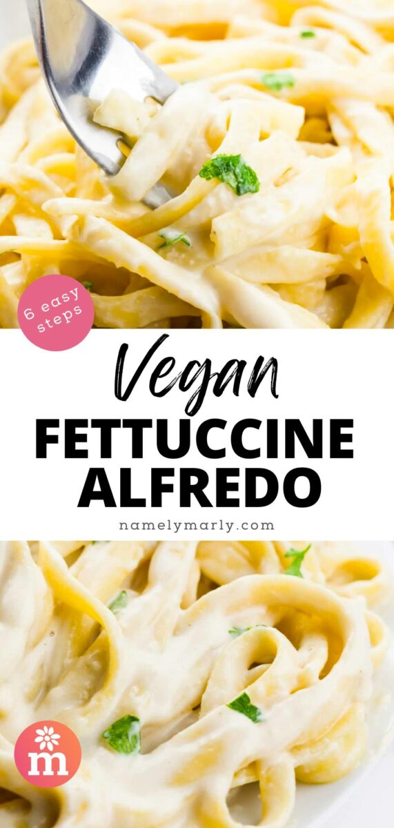 Fettuccine pasta with creamy vegan Alfredo sauce garnished with parsley, served on a white plate.