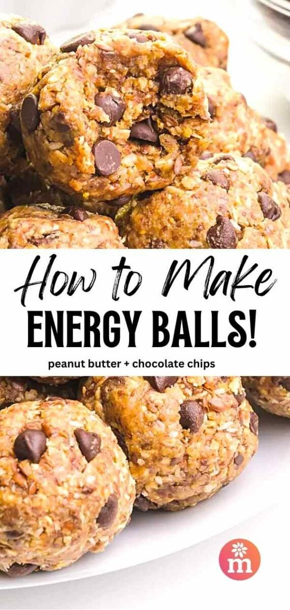 A stack of energy balls shows the top one with a bite taken out. The text reads, How to Make Energy Balls!