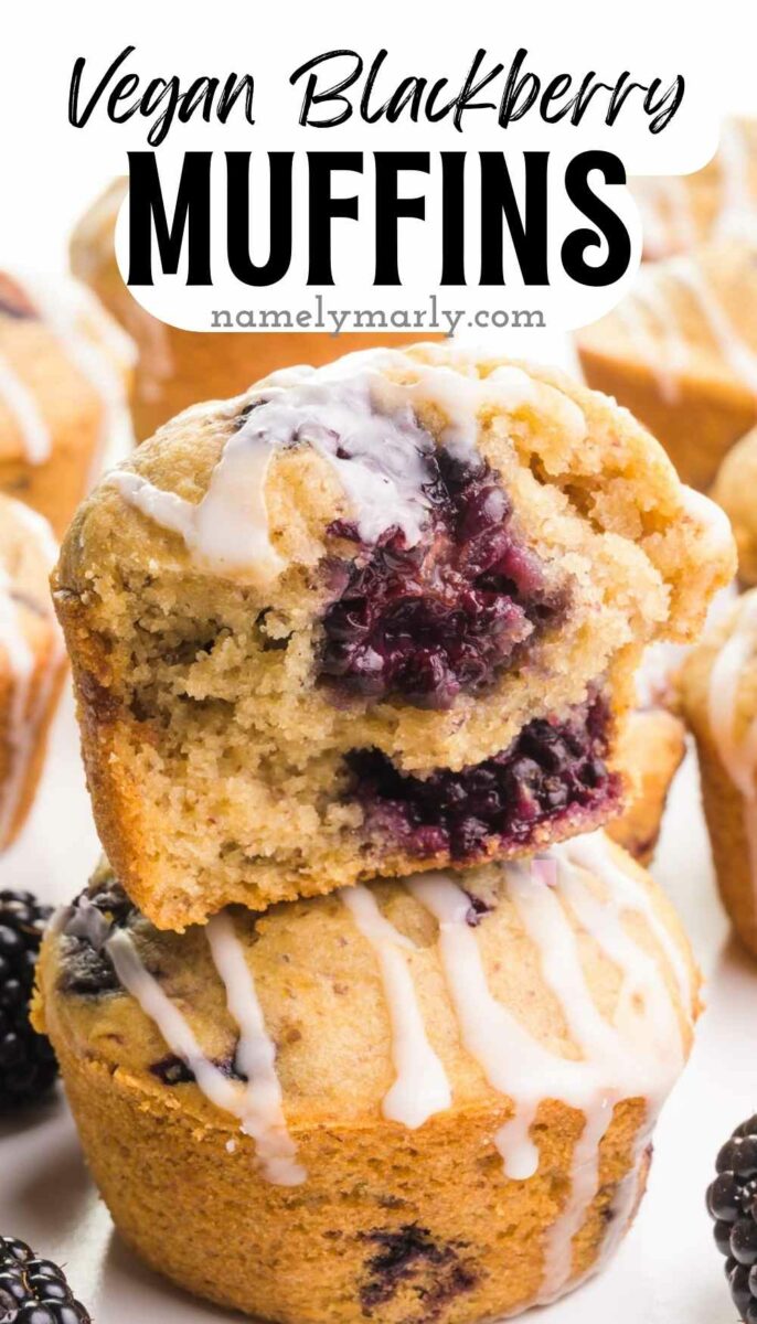 Vegan blackberry muffins drizzled with icing, showcasing a moist interior filled with blackberries.
