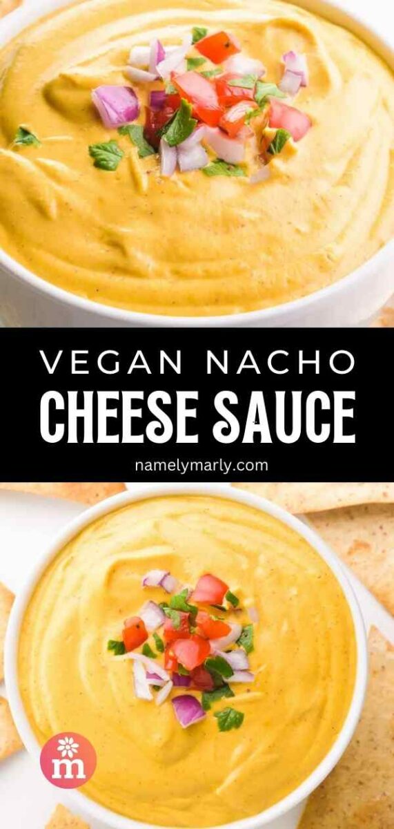 Vegan nacho cheese sauce topped with diced tomatoes, onions, and herbs, served with tortilla chips.