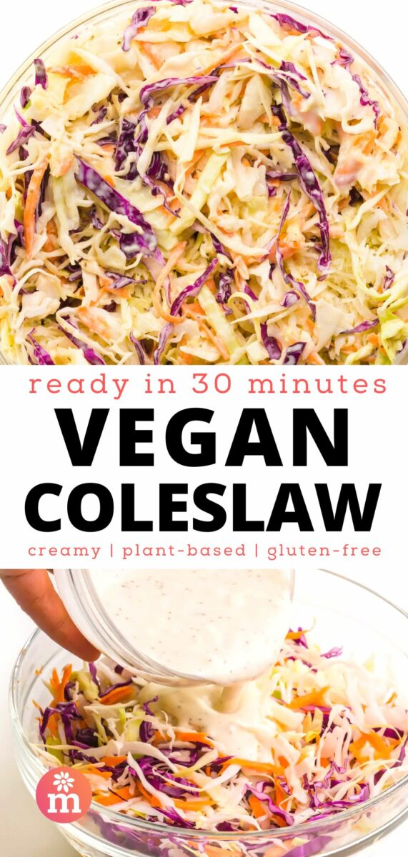 Vegan coleslaw being prepared with a creamy dressing, featuring purple and green cabbage and shredded carrots.