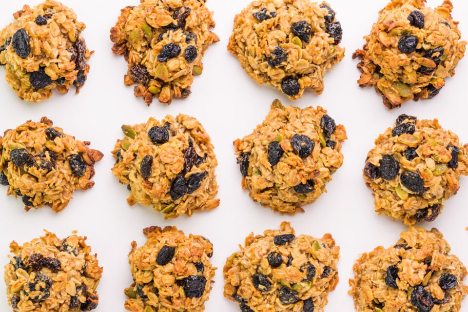 Looking down on breakfast cookies lined up in rows.