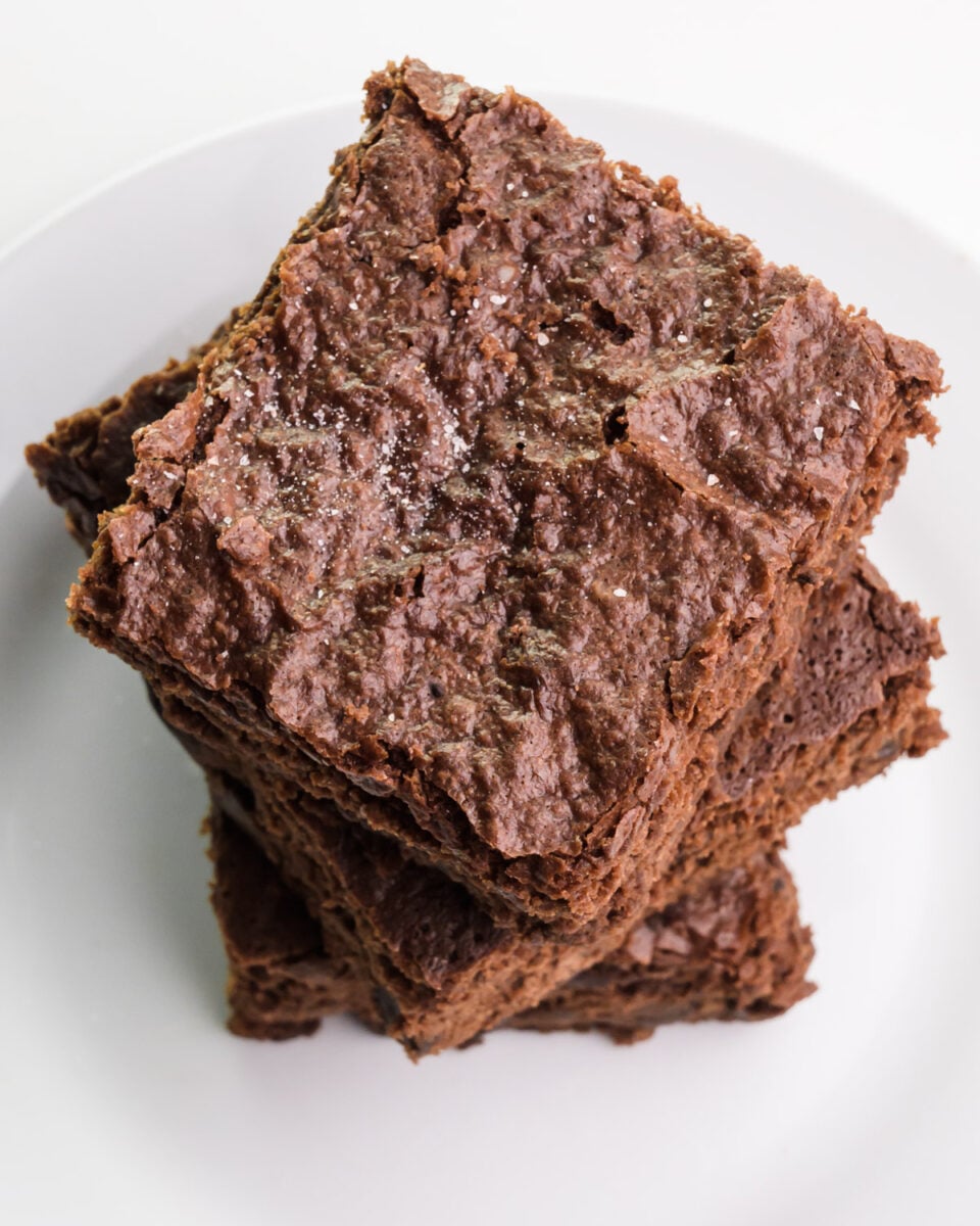 Looking down on a stack of brownies.