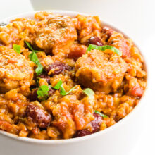 A closeup of a bowl of vegan jambalaya.