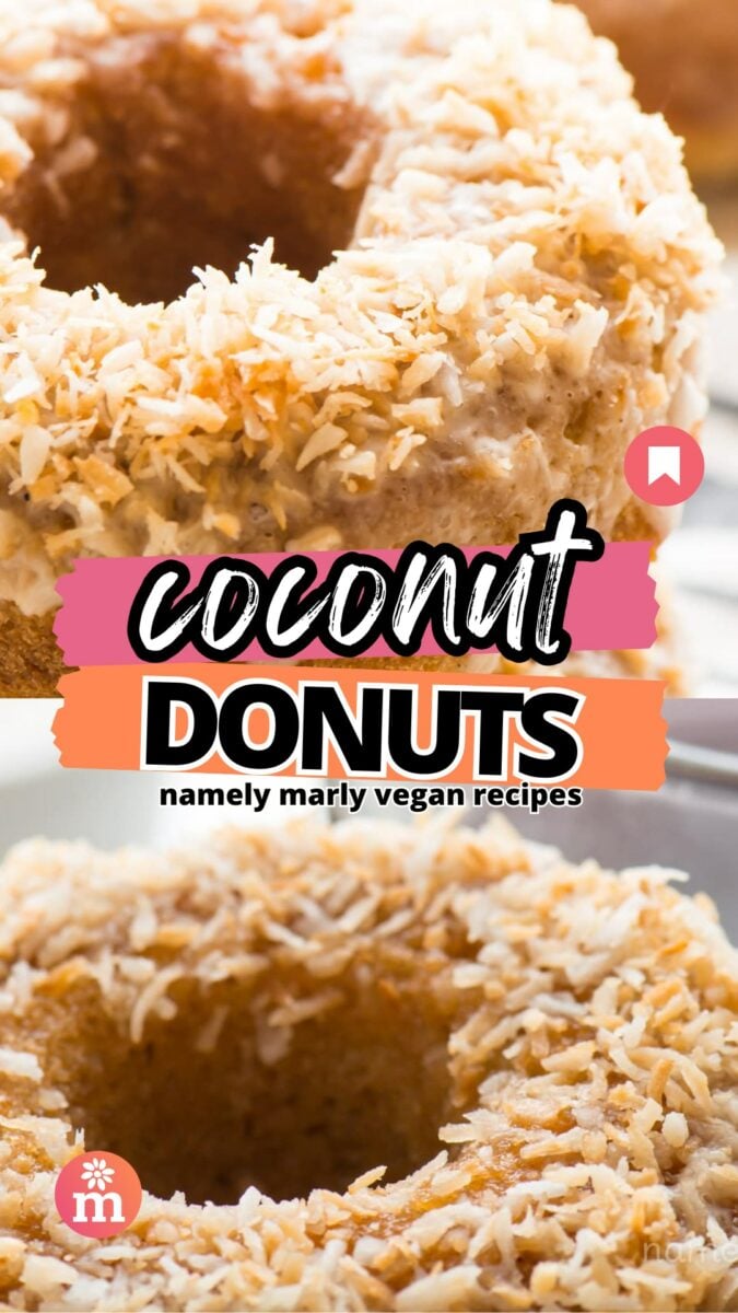 Two images show donuts covered in toasted coconut. The text reads, Coconut Donuts, Namely Marly Vegan Recipes.