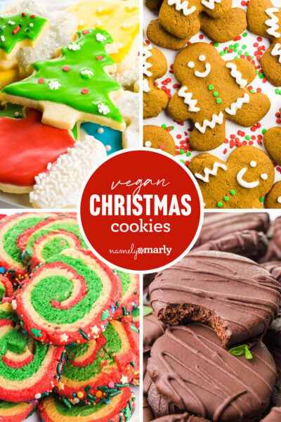 Assorted vegan Christmas cookies including decorated sugar cookies, gingerbread cookies, spiral cookies, and chocolate cookies.