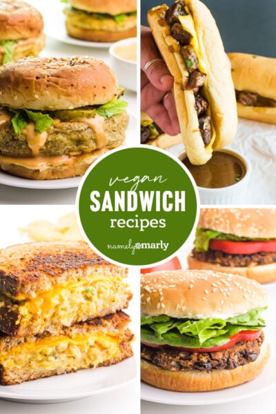 Vegan sandwich recipes featuring various styles and ingredients, including burgers and grilled sandwiches.