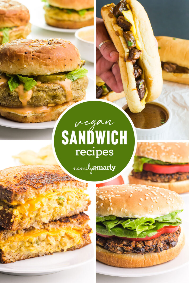Vegan sandwich recipes featuring various styles and ingredients, including burgers and grilled sandwiches.