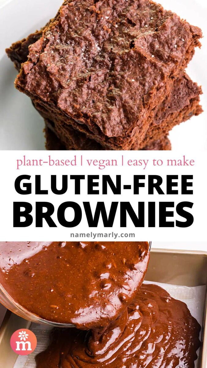 Stack of gluten-free vegan brownies with a bowl of brownie batter in a baking dish.