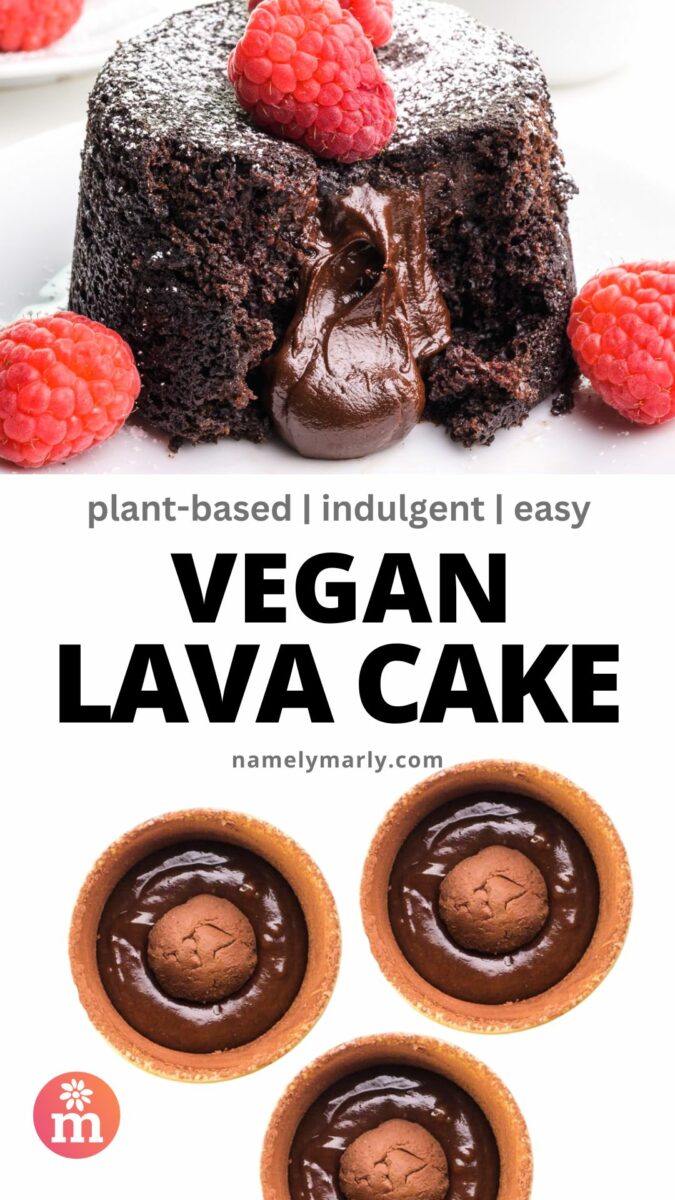 Vegan lava cake with a gooey chocolate center, garnished with fresh raspberries and served in individual portions.