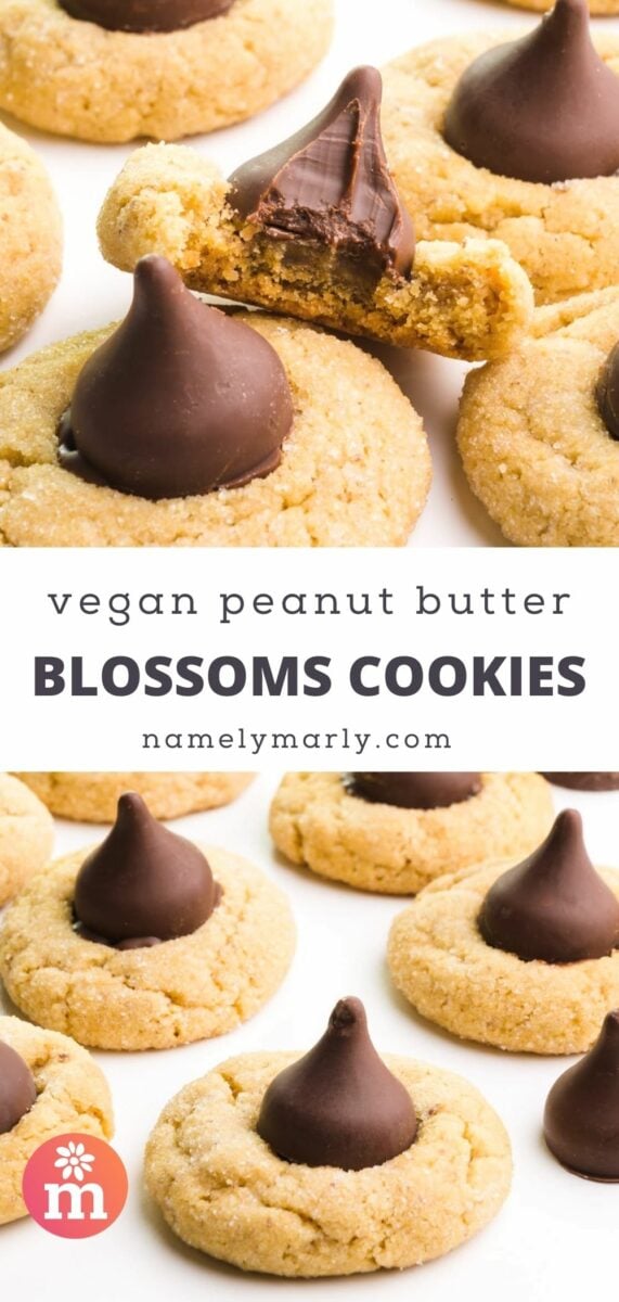 Vegan peanut butter blossom cookies topped with chocolate candy, placed on a white surface.