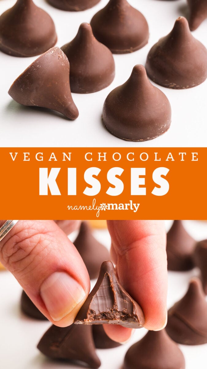 Vegan chocolate kisses on a white background, with one partially bitten. Text reads "Vegan Chocolate Kisses".