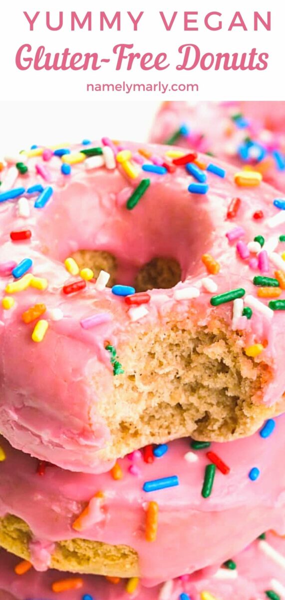 A closeup of pink donuts, one with a bite taken out, has text at the top that reads, Yummy Vegan Gluten-Free Donuts.