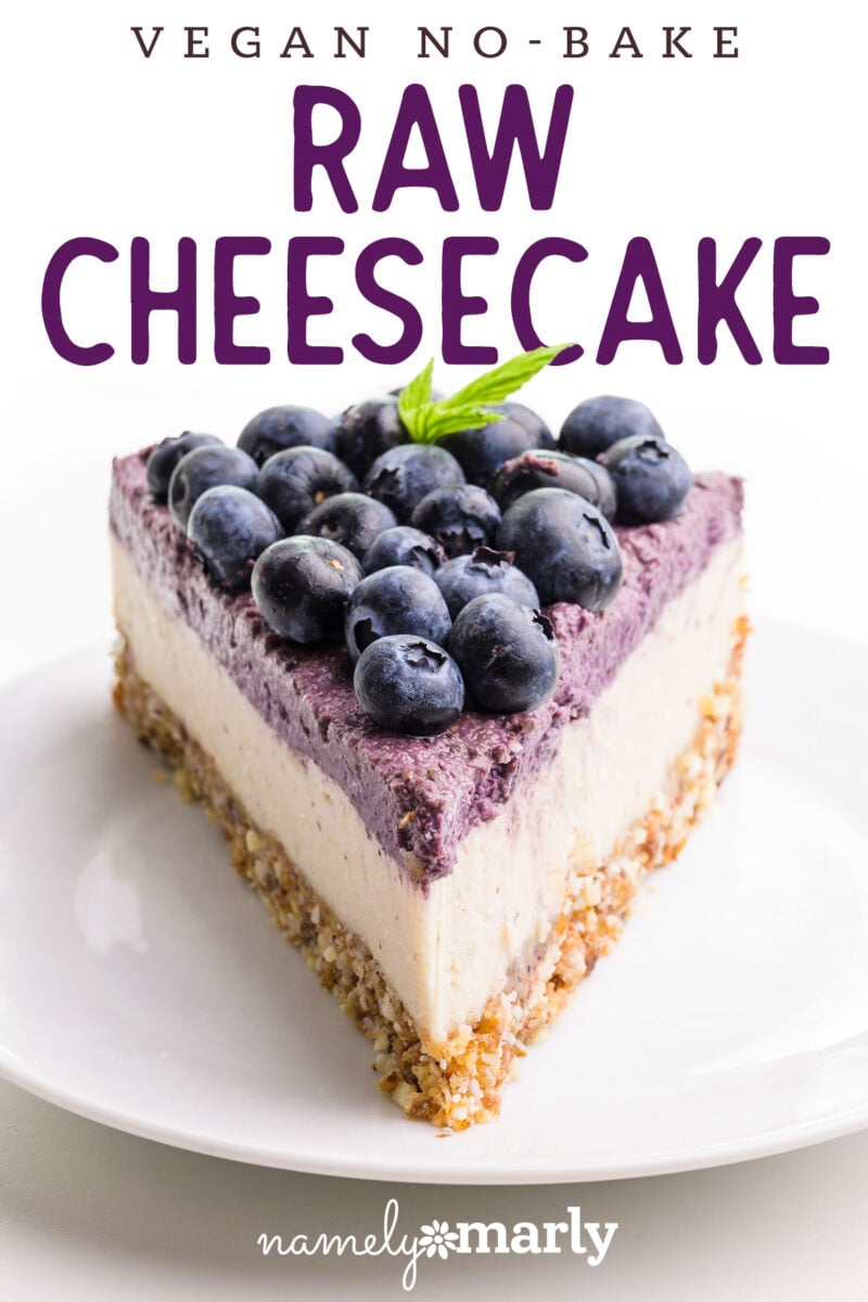 A slice of cheesecake has blueberries on top and text that reads vegan no-bake cheesecake