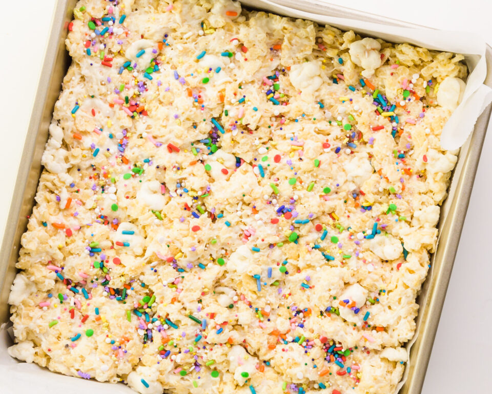 Looking down on a pan full of vegan rice crispy treats.
