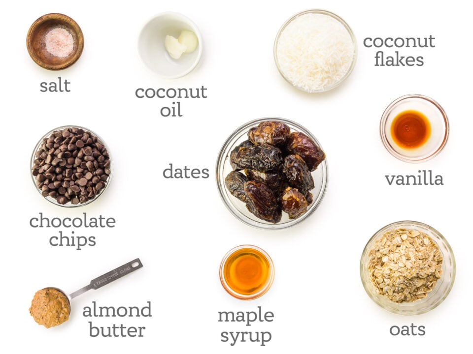 Ingredients are lined out on a counter. The labels next to them read, coconut flakes, vanilla, oats, maple syrup, almond butter, chocolate chips, salt, coconut oil, and dates.