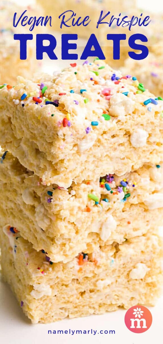 A stack of cereal treats sits on a white table. The text reads Vegan Rice Krispie Treats.