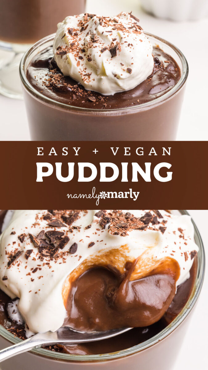 Vegan chocolate pudding topped with whipped cream and chocolate shavings in a glass cup.