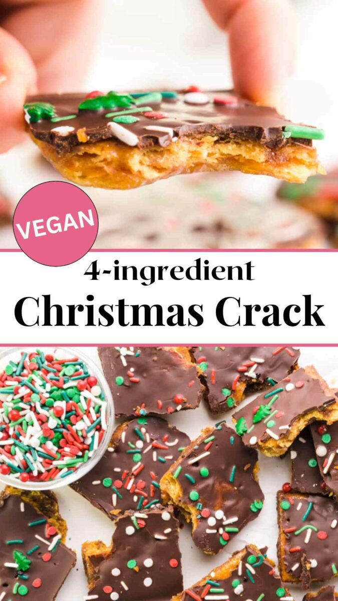 A hand holds a toffee candy square and there are more toffee candy squares on the bottom image. The text reads, vegan 4-ingredient Christmas crack.