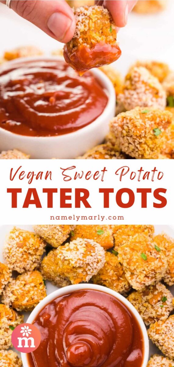 Vegan sweet potato tater tots being dipped in ketchup, surrounded by more tater tots on a white plate.