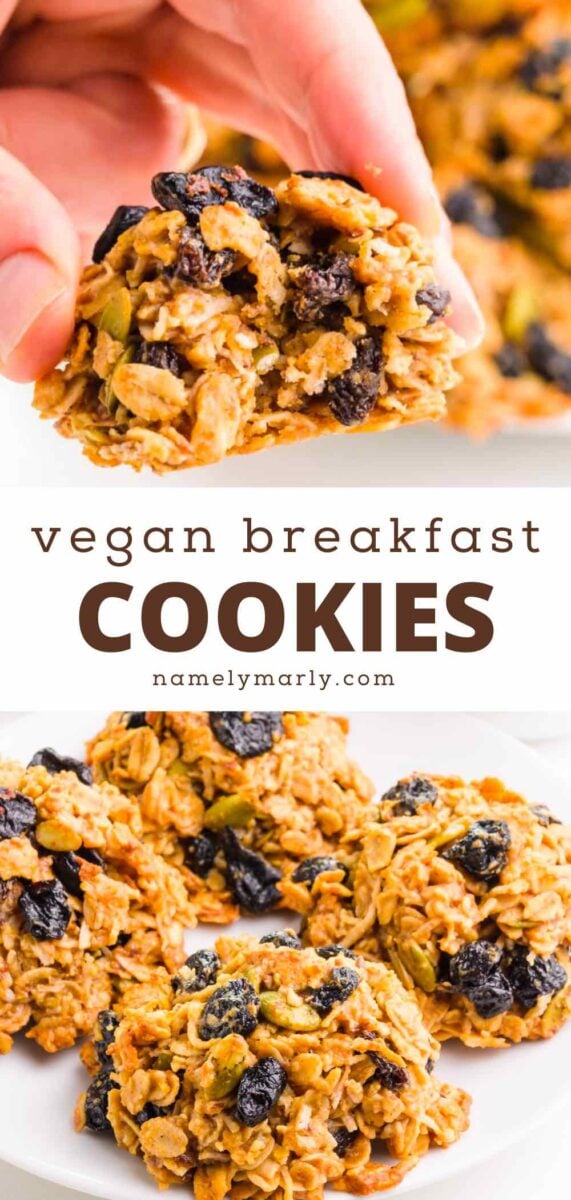 A hand holds a cookie with a bite taken out and a plate holds the rest of the cookies. The text reads, Vegan Breakfast Cookies.