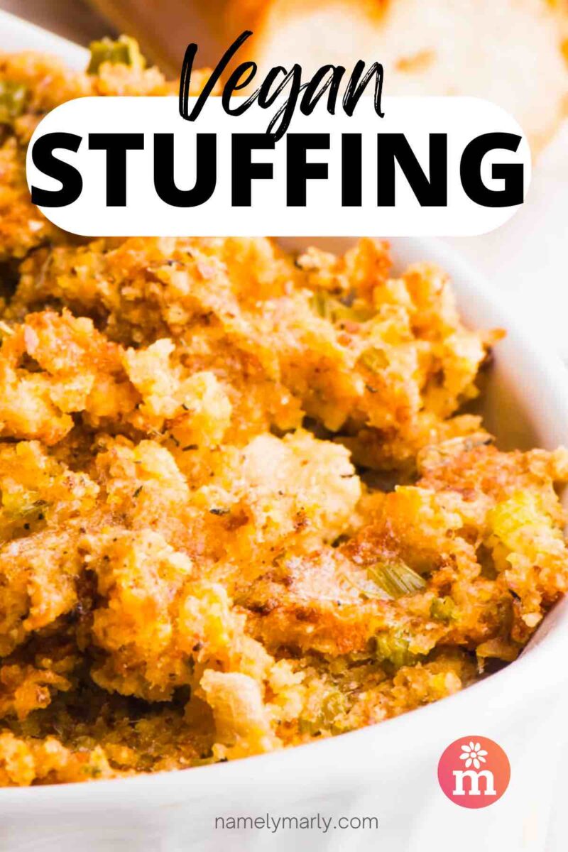 A casserole dish is filled with a golden mixture. The text on the image reads, Vegan Stuffing.