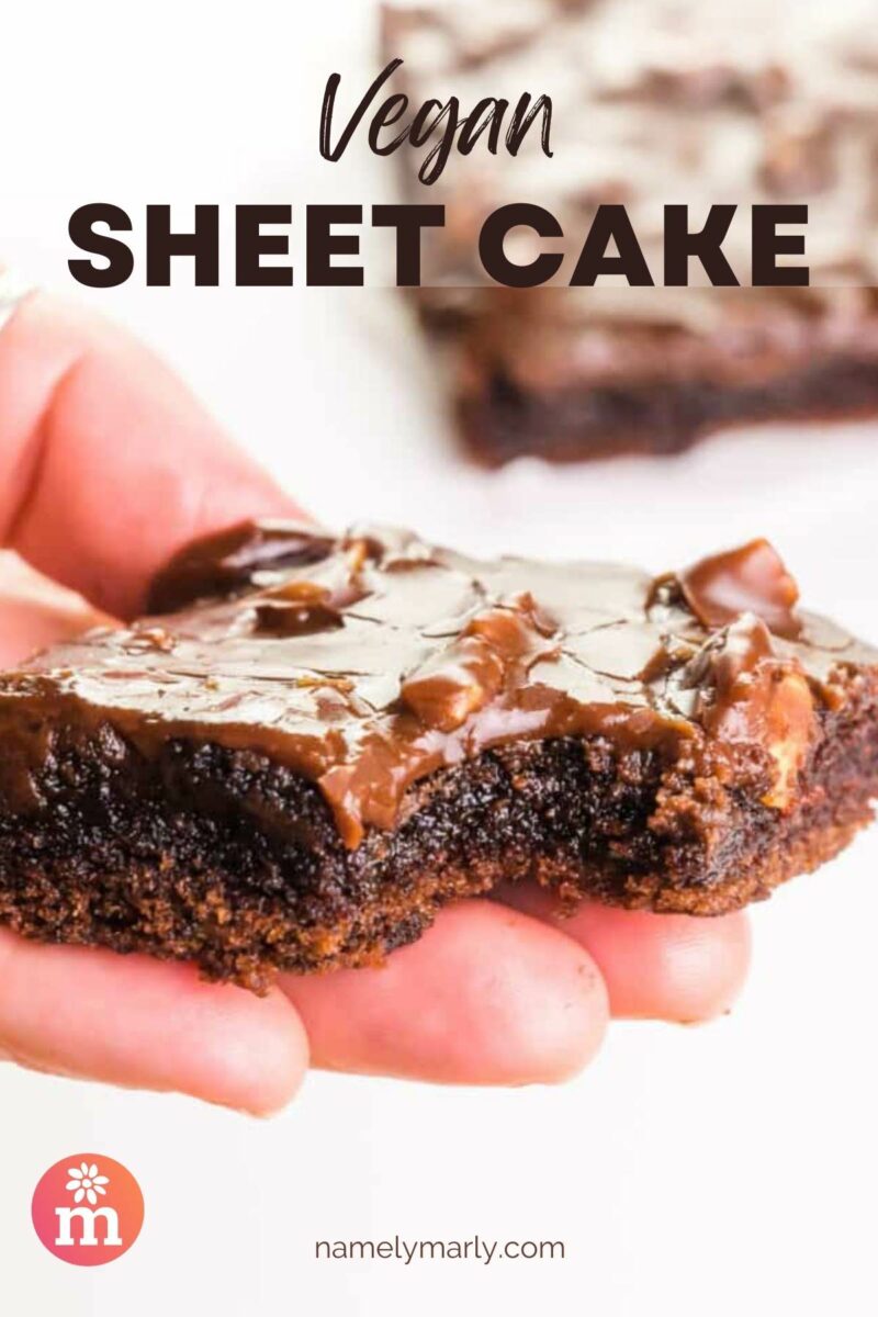 A hand holds a slice of sheet cake with a bite taken out. The text reads, Vegan Sheet Cake.