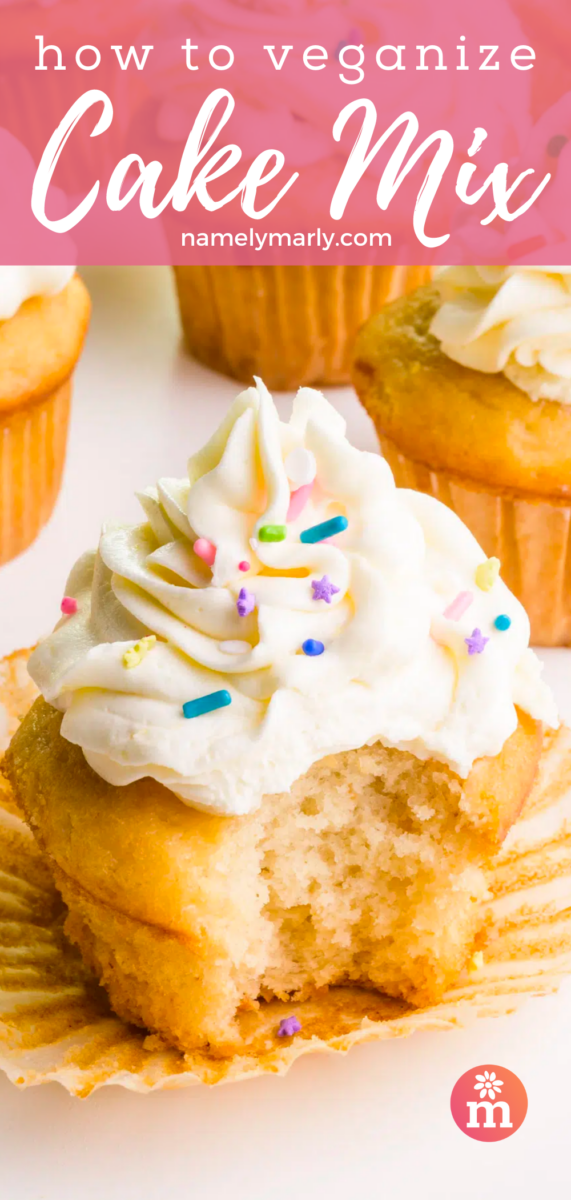 A cupcake has a bite taken out. The text reads How to Veganize Cake Mix.