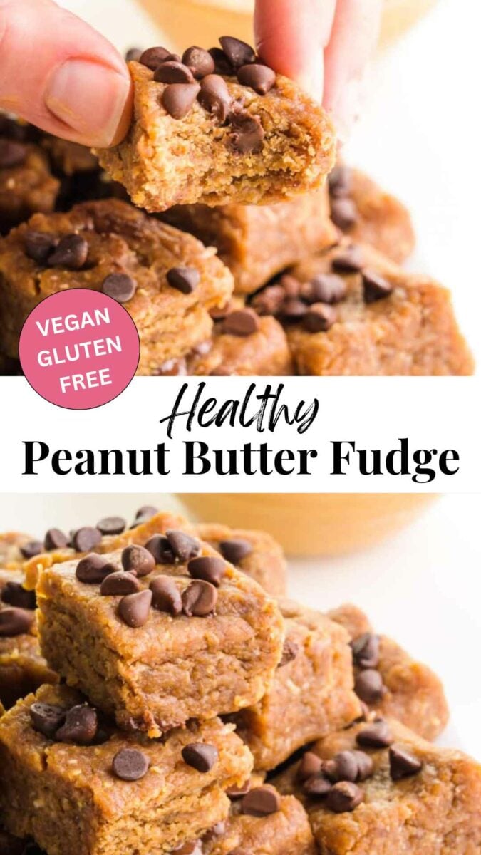A hand holds a piece of fudge with a bite taken out on top. The bottom shows fudge stacked on a plate. The text reads, Healthy Peanut Butter Fudge.