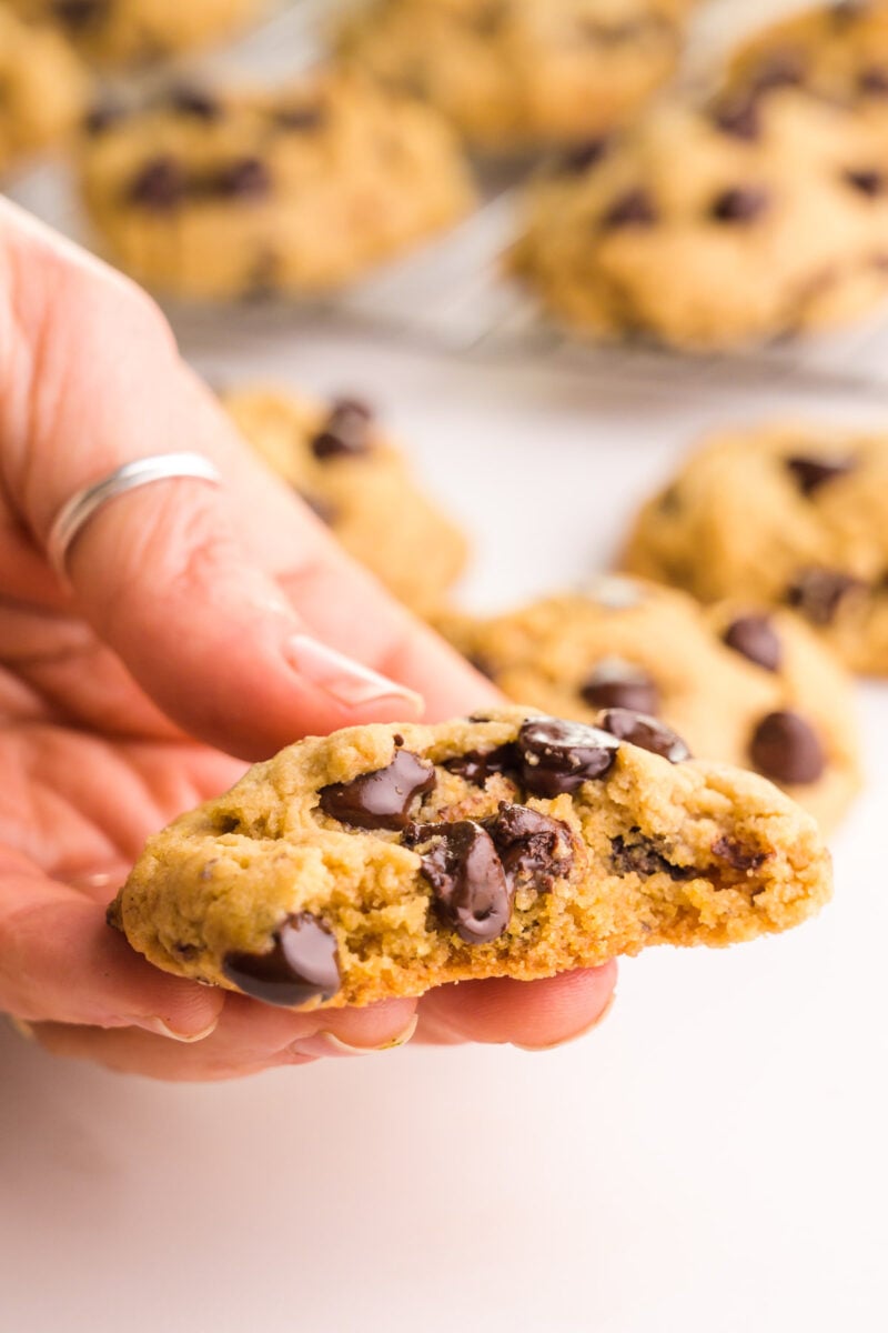 A hand holds a cookie with a bite taken out, revealing lots of chocolate chips.